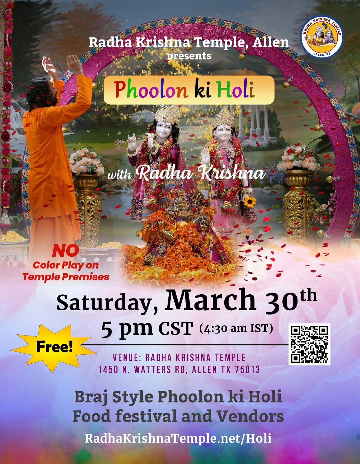 Celebrate the Vibrancy of Phoolon ki Holi at Radha Krishna Temple - March 30th, 